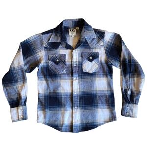 Ely Cattleman Blue and White Plaid Flannel Cotton Pearl Snap Shirt Medium